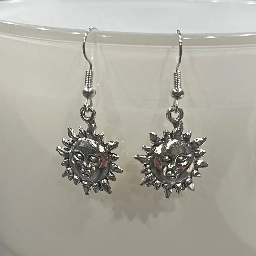 Silver Sun Face Dangle Earrings